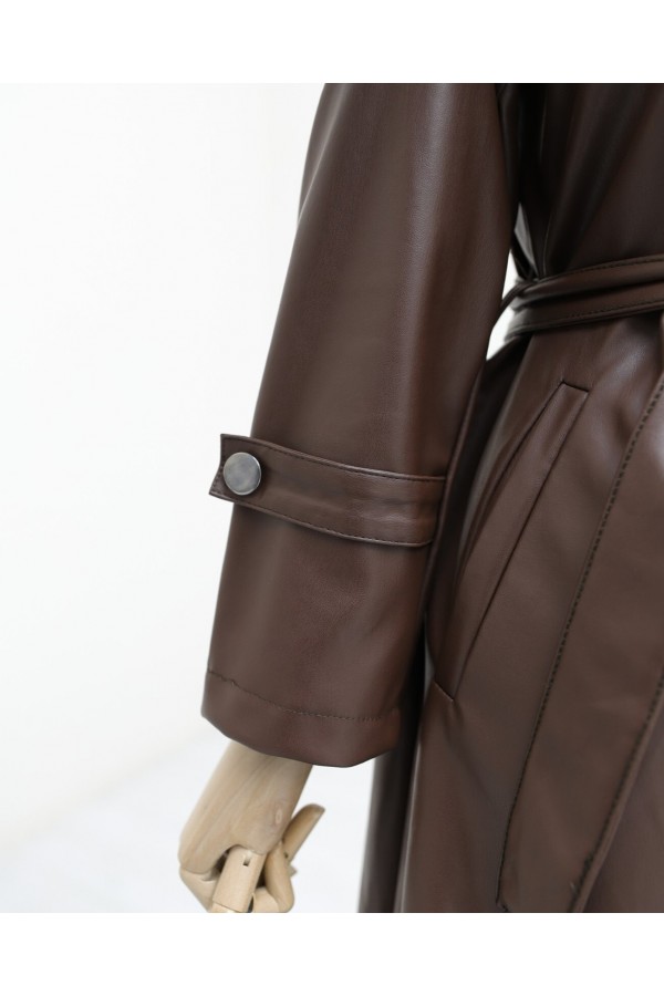 Belted Leather Trench Coat with Side Pockets -Brown