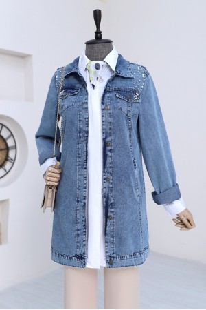 Taş İşlemeli Yıkamalı Kot Ceket -Mavi