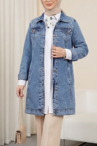 Taş İşlemeli Yıkamalı Kot Ceket -Mavi