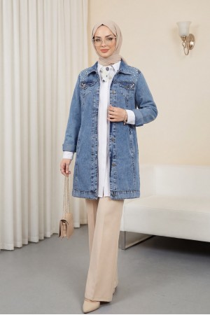 Taş İşlemeli Yıkamalı Kot Ceket -Mavi