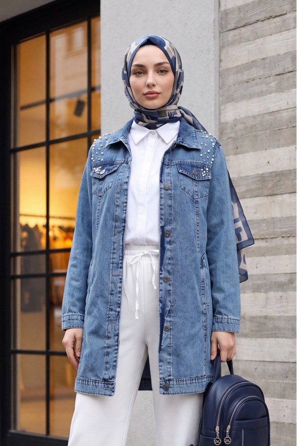 Taş İşlemeli Yıkamalı Kot Ceket -Mavi