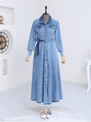 Stone Detailed Buttoned Denim Dress -İndigo