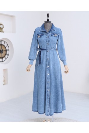 Stone Detailed Buttoned Denim Dress -İndigo