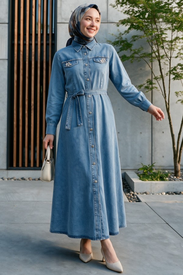 Stone Detailed Buttoned Denim Dress -İndigo