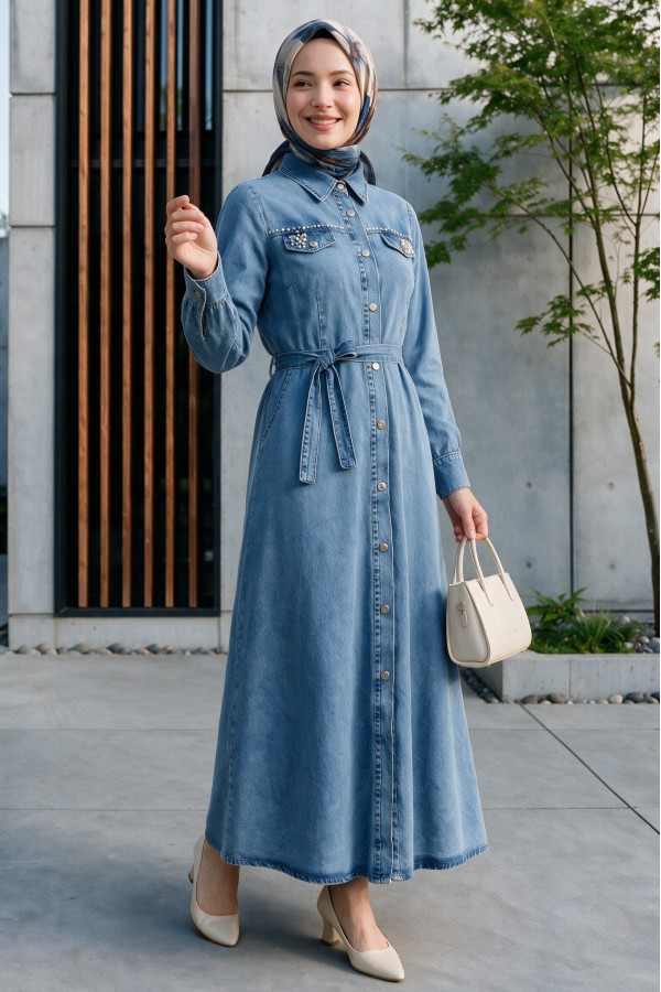 Stone Detailed Buttoned Denim Dress -İndigo