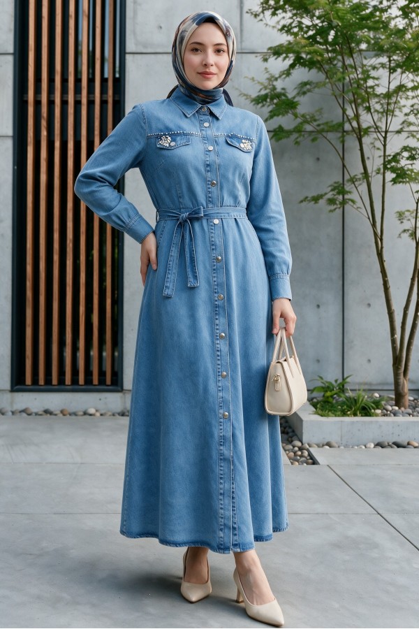 Stone Detailed Buttoned Denim Dress -İndigo