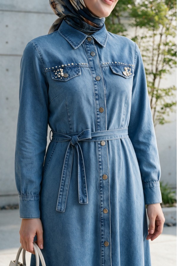Stone Detailed Buttoned Denim Dress -İndigo