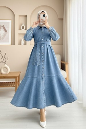 Boydan Düğmeli Eteği Fırfırlı Kot Elbise -Açık Mavi