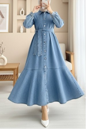 Boydan Düğmeli Eteği Fırfırlı Kot Elbise -Açık Mavi