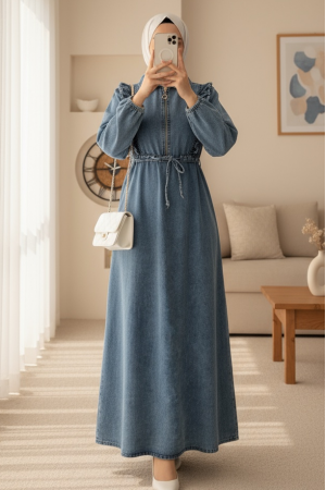 Ruffled Ruffle Waist Smocked Denim Dress -Blue