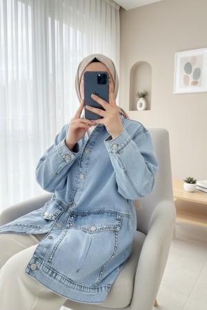 Denim Jacket with Stone Embroidery on Collar and Pockets -Ice Blue