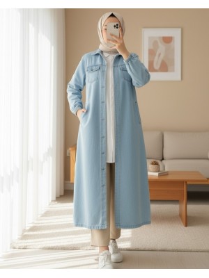 Kolu Lastikli Boydan Düğmeli Kot Kap -Açık Mavi