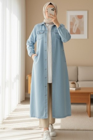 Kolu Lastikli Boydan Düğmeli Kot Kap -Açık Mavi