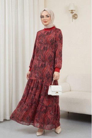 Etnik Desen Eteği Parçalı Astarlı Şifon Elbise   -Kırmızı