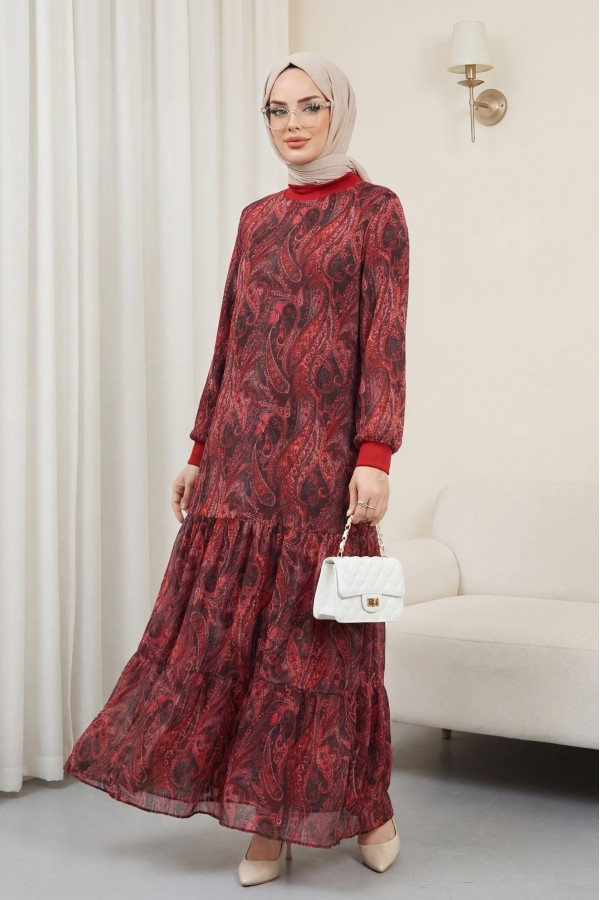 Ethnic Pattern Skirt Piece Lined Chiffon Dress   -Red