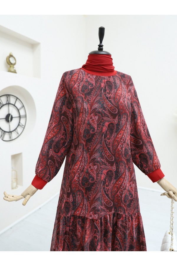 Ethnic Pattern Skirt Piece Lined Chiffon Dress   -Red