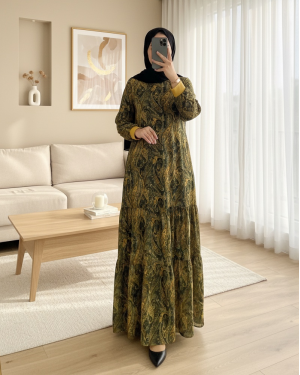 Etnik Desen Eteği Parçalı Astarlı Şifon Elbise   -Yağ Yeşili