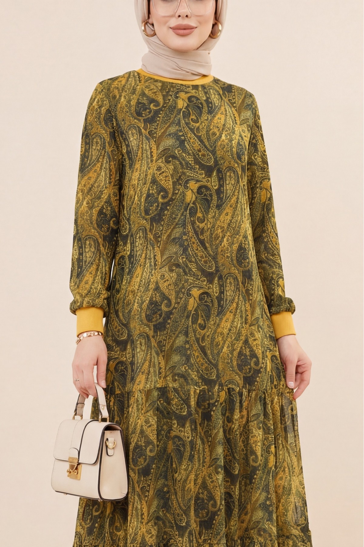 Ethnic Pattern Skirt Piece Lined Chiffon Dress   -Oil Green
