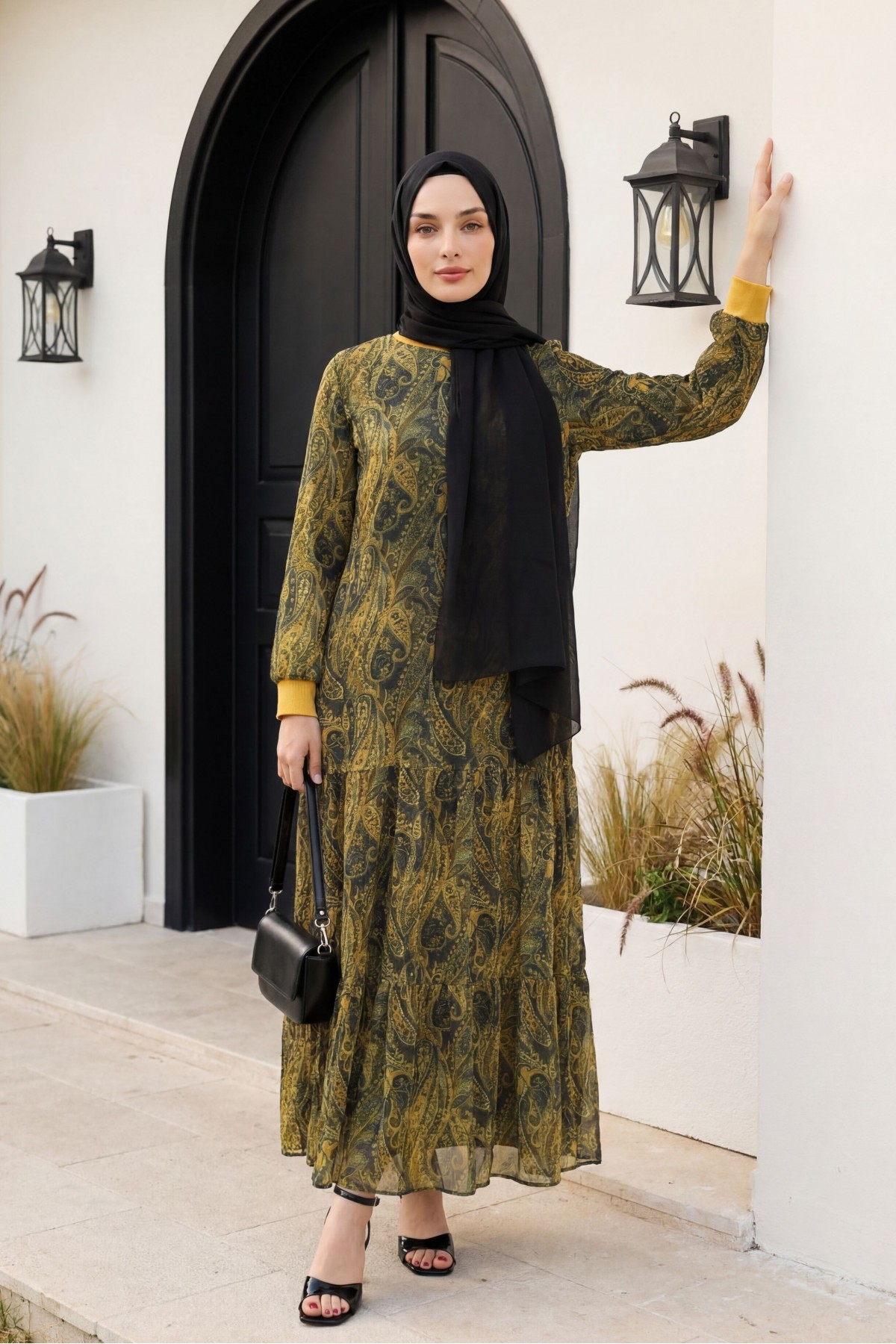 Ethnic Pattern Skirt Piece Lined Chiffon Dress   -Oil Green