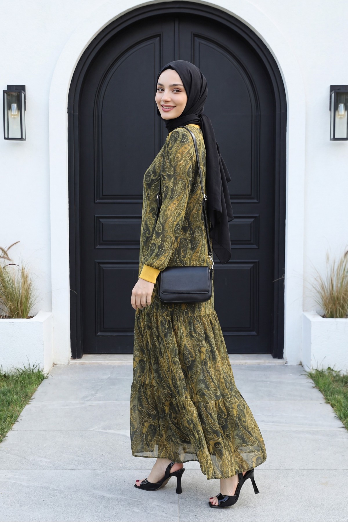 Ethnic Pattern Skirt Piece Lined Chiffon Dress   -Oil Green