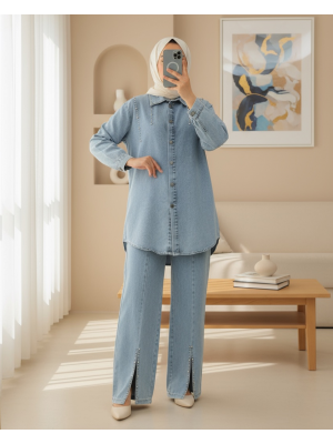 Paçası Yırtmaçlı Taş Detaylı İkili Kot Takım -Buz Mavi