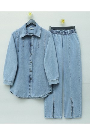 Double Denim Suit with Slits and Stone Detail -جليدي