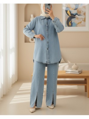 Paçası Yırtmaçlı Taş Detaylı İkili Kot Takım -Buz Mavi
