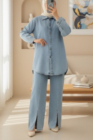 Double Denim Suit with Slits and Stone Detail -Ice Blue