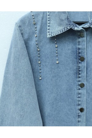 Double Denim Suit with Slits and Stone Detail -جليدي