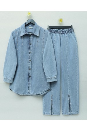 Double Denim Suit with Slits and Stone Detail -جليدي