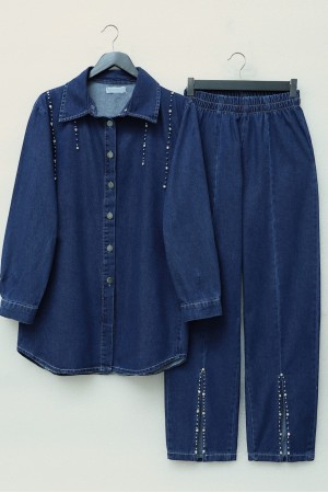 Double Denim Suit with Slits and Stone Detail -كحلي