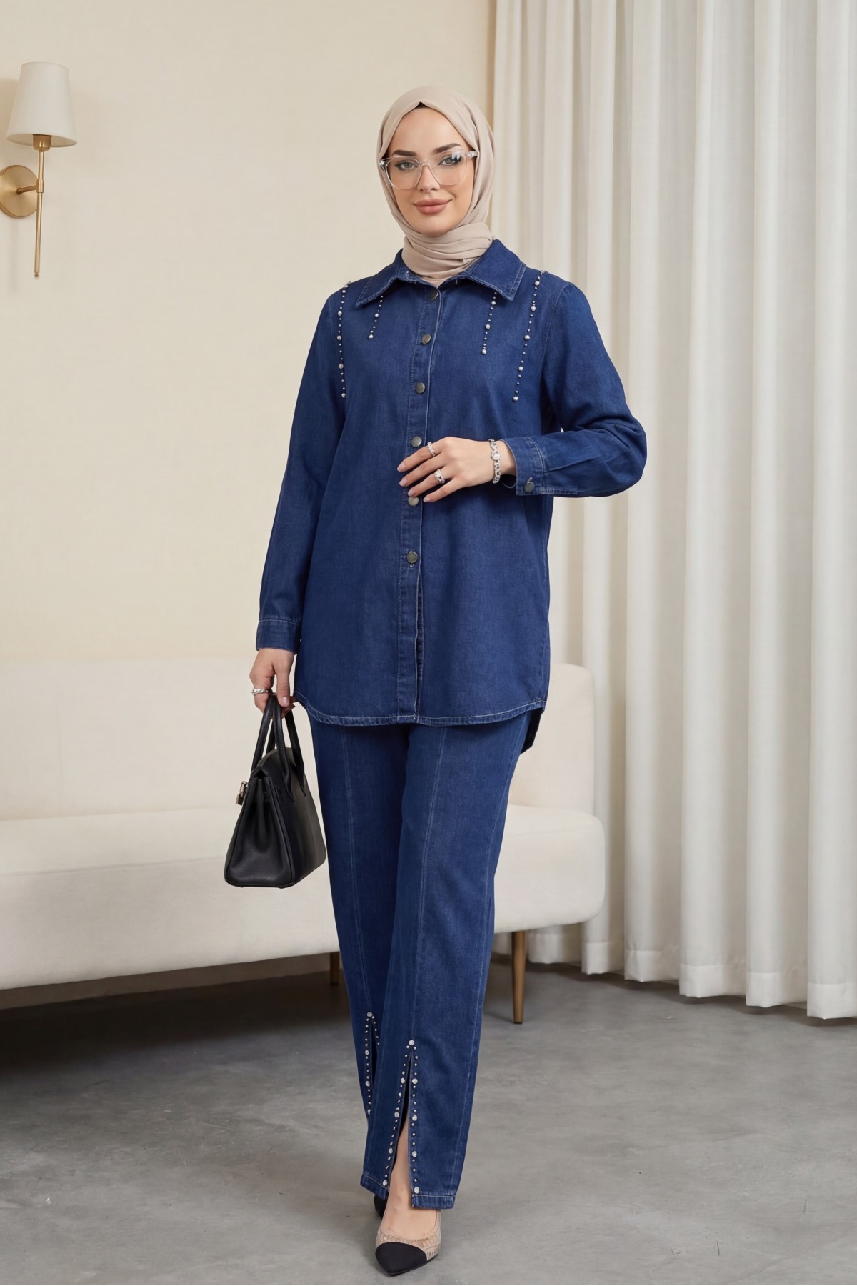Double Denim Suit with Slits and Stone Detail -كحلي