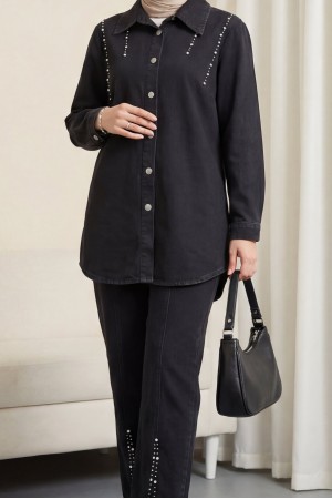 Double Denim Suit with Slits and Stone Detail  -أسود
