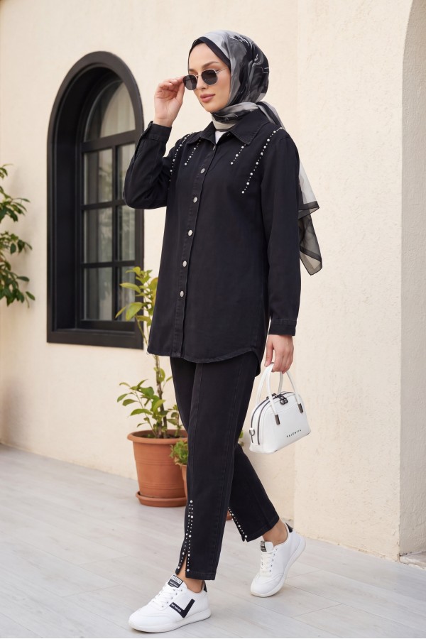 Double Denim Suit with Slits and Stone Detail  -Black