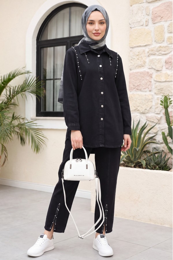Double Denim Suit with Slits and Stone Detail  -Black