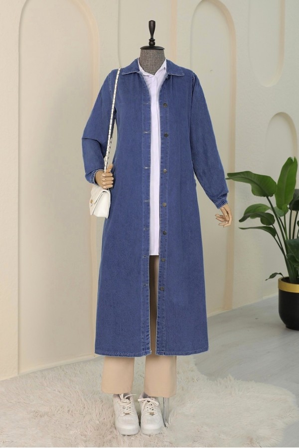 Denim Cap with Elastic Sleeves and Buttons    -Saxe 