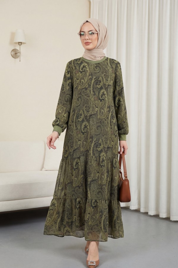 Ethnic Pattern Skirt Piece Lined Chiffon Dress    -Khaki