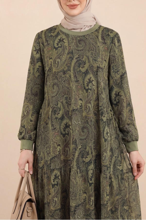Ethnic Pattern Skirt Piece Lined Chiffon Dress    -Khaki