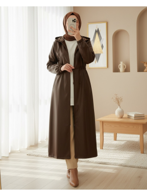 Tünel Bağcıklı Kapşonlu Uzun Deri Kap  -Kahve