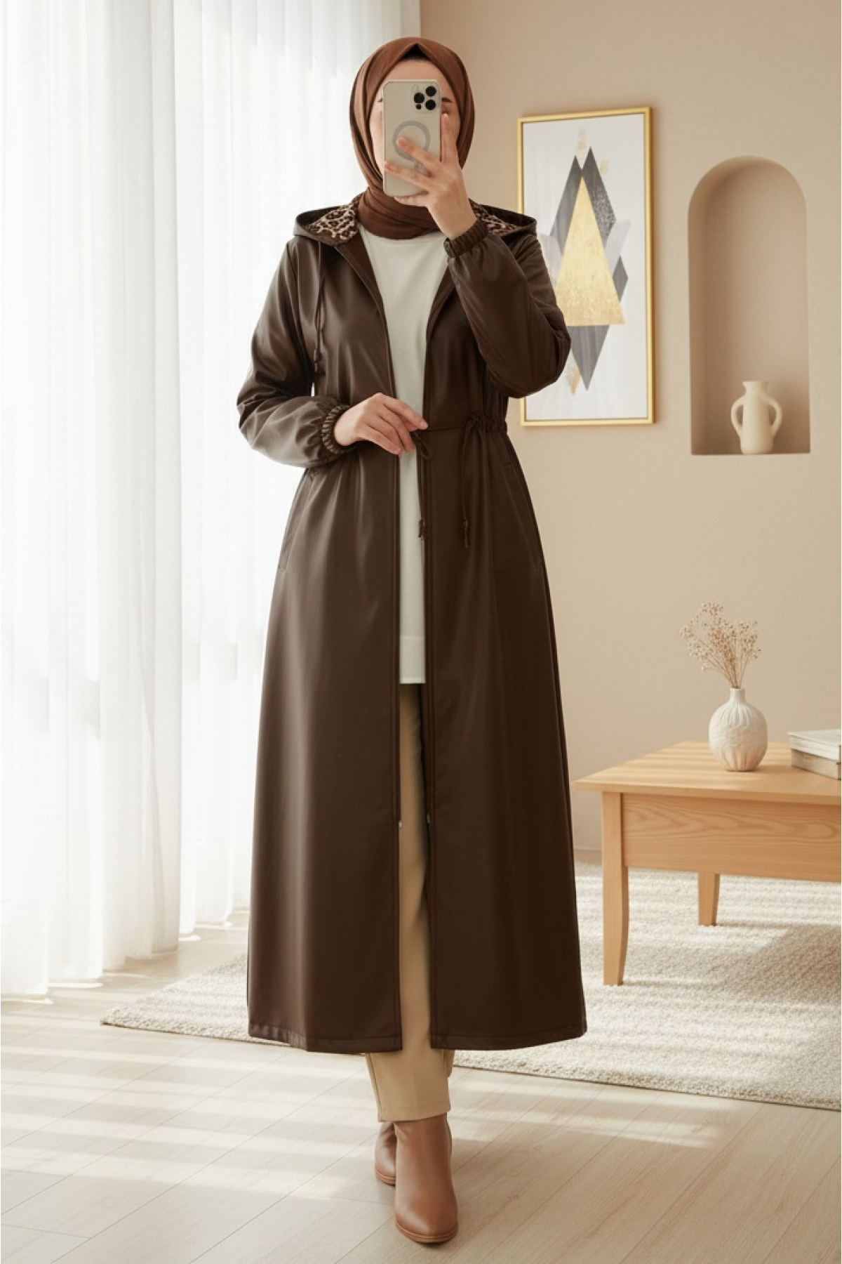 Tunnel Lace Hooded Long Leather Cap  -Brown