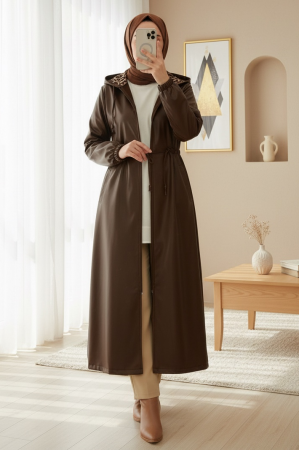 Tünel Bağcıklı Kapşonlu Uzun Deri Kap  -Kahve