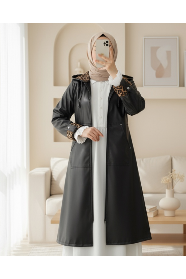 Leather Jacket with Zippered Folding Handle -Black