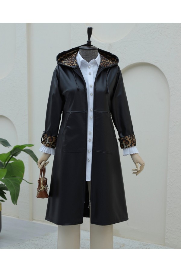 Leather Jacket with Zippered Folding Handle -Black