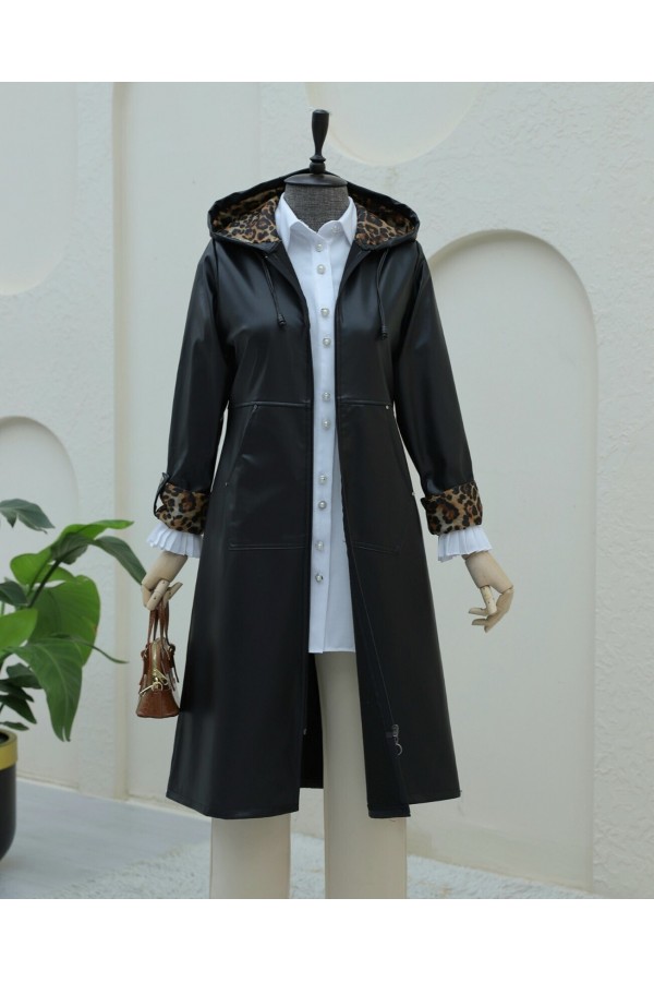 Leather Jacket with Zippered Folding Handle -Black