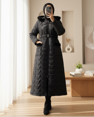 Long Coat with Elastic Belt and Plush Detail on Hood and Pocket -Black
