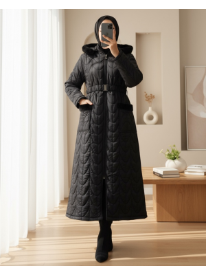 Kapşonu ve Cebi Peluş Detaylı Lastikli Kemerli Uzun Mont -Siyah