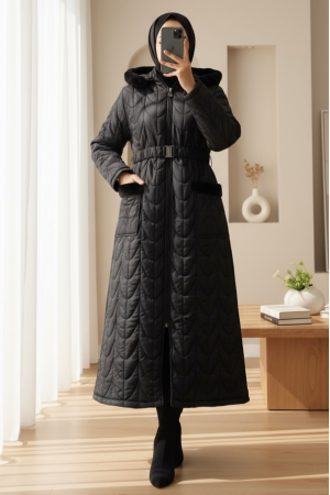 Long Coat with Elastic Belt and Plush Detail on Hood and Pocket -Black