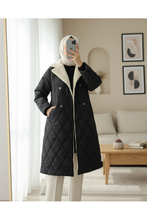 Yakası Kuzu Peluş Detaylı Detaylı Beli Bağcıklı Mont  -Siyah