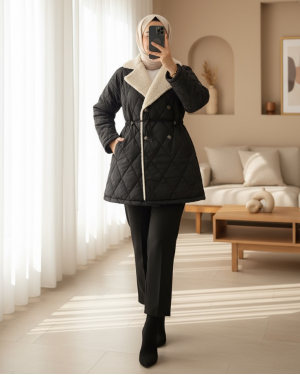 Elastic Waist Plush Detailed Quilted Coat -Black