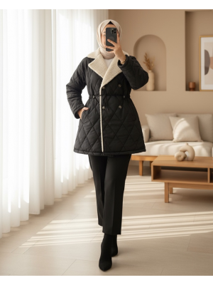 Beli Lastikli Peluş Detaylı Kapitone Mont -Siyah